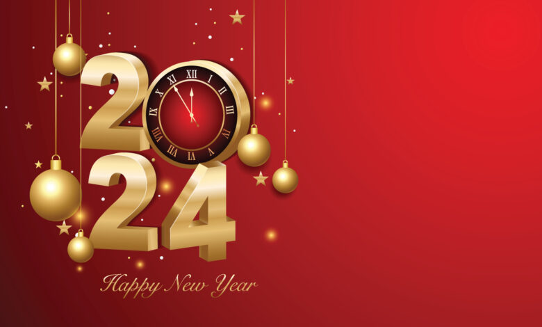 Happy New Year 2024 3d Gold Numbers With Golden Christmas Decoration And Confetti On Dark Background Holiday Greeting Card Design Vector 780x470 