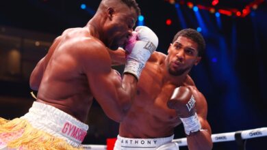 RIYADH, SAUDI ARABIA - MARCH 08: Anthony Joshua punches Francis Ngannou during the Heavyweight fight between Anthony Joshua and Francis Ngannou on the Knockout Chaos boxing card at the Kingdom Arena on March 08, 2024 in Riyadh, Saudi Arabia. (Photo by Richard Pelham/Getty Images