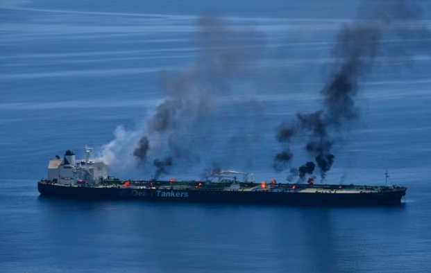 Flames and smoke rise from the Greek-flagged oil tanker Sounion, which has been on fire since August 23, on the Red Sea, August 25, 2024. Yemen's Houthis said they attacked the Sounion in the Red Sea. EUNAVFOR ASPIDES/Handout via REUTERS/File Photo Purchase Licensing Rights