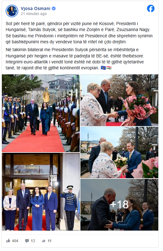Presidenti i Hungarisë në vizitë zyrtare në Kosovë, Osmani kërkon mbështetje për heqjen e masave