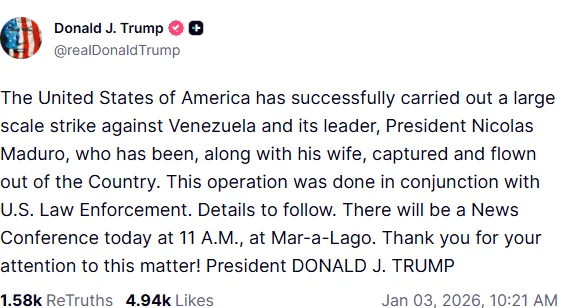 Bombardimet në Venezuelë, reagon Trump: SHBA kreu me sukses një sulm të madh. Maduro është larguar jashtë vendit